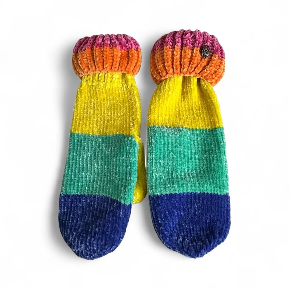 Kurt Geiger London Cosy Eagle Colorblock Rainbow Chenille Knit Mittens Brand NWT